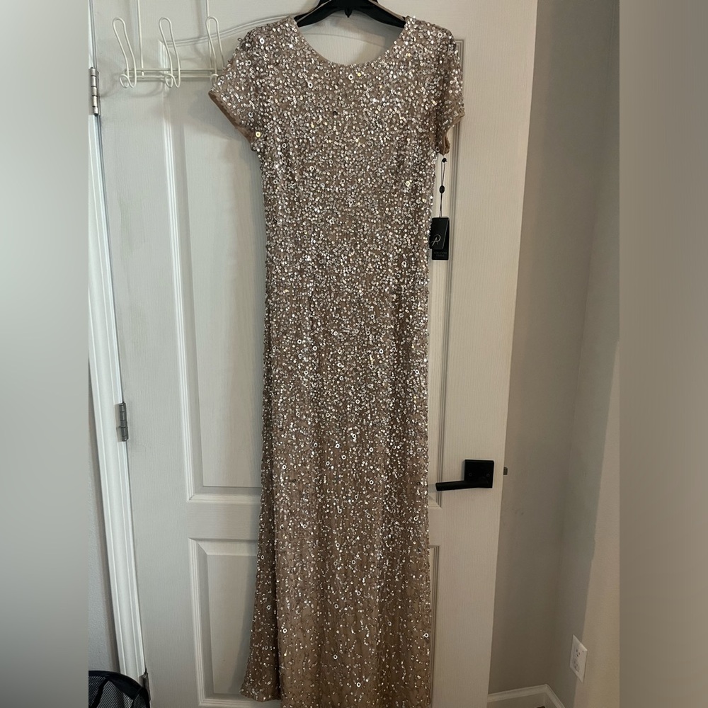 Adriana Papell scoop back long dress in champagne size 12